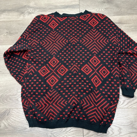 Vintage 80s Brunny Abstract Geometric Pull Over Black Red Sweater USA Made Large - Picture 9 of 9